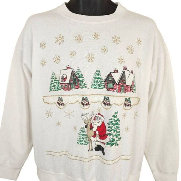 Vintage Other - Christmas Sweatshirt Mens Size Large Vintage 90s Santa Claus Reindeer Houses